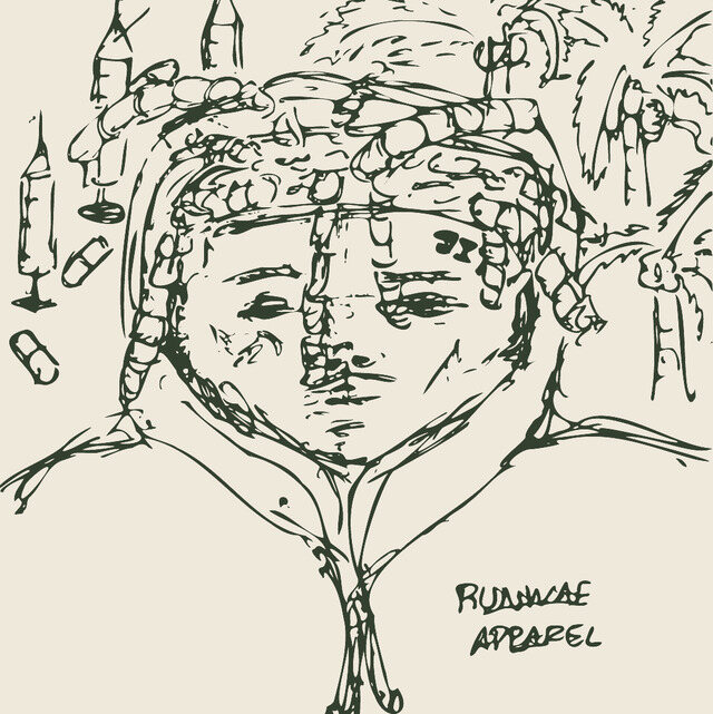 The owner’s drawing: a crowded portrait with RUNWAE APPAREL written beside it