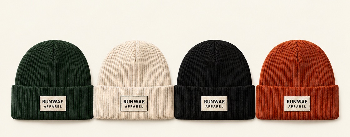 Four rib-knit beanies in forest, creme, black and rust, each with a woven RUNWAE APPAREL label on the cuff