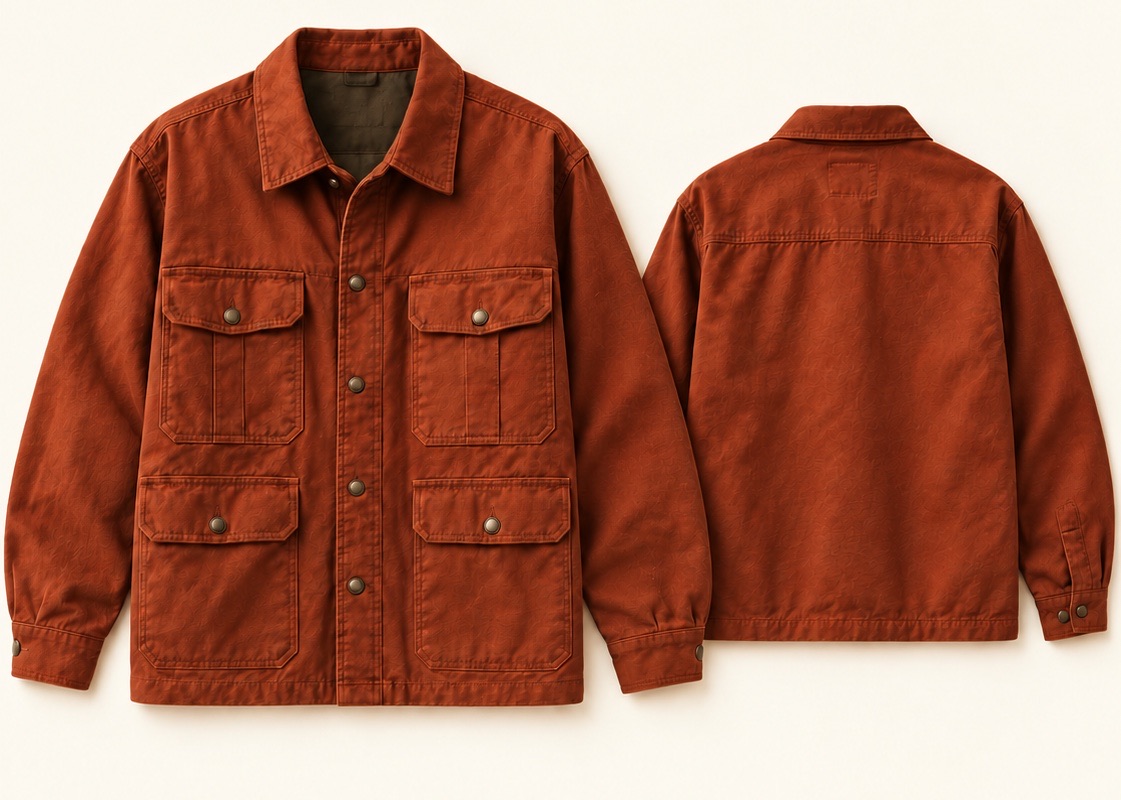 Rust field overshirt, front and back: four flap pockets, metal buttons, no lettering