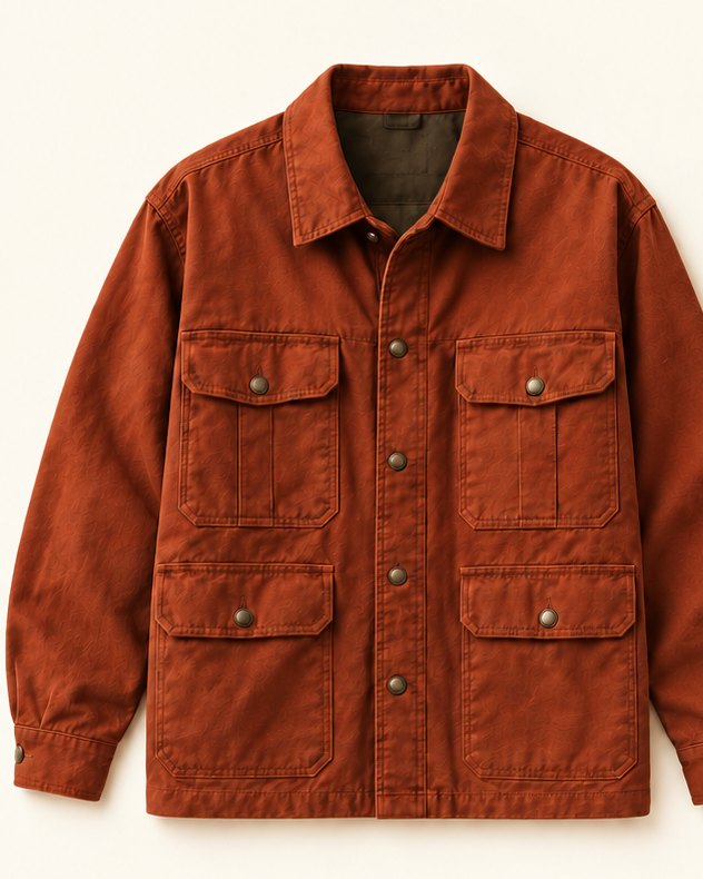 Rust field overshirt, front and back: four flap pockets, metal buttons, no lettering