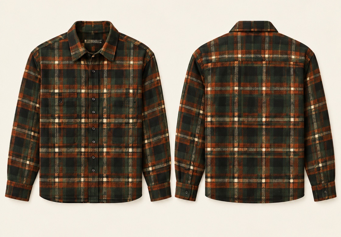 Forest and rust plaid flannel shirt, front and back