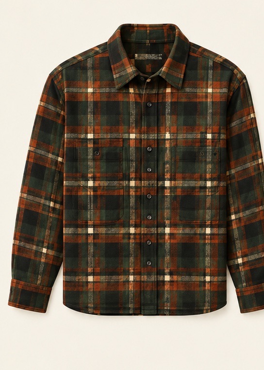 Forest and rust plaid flannel, front, with two chest pockets
