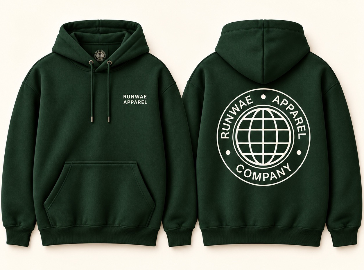 Forest hoodie, front and back: RUNWAE APPAREL at the chest, the globe emblem large on the back