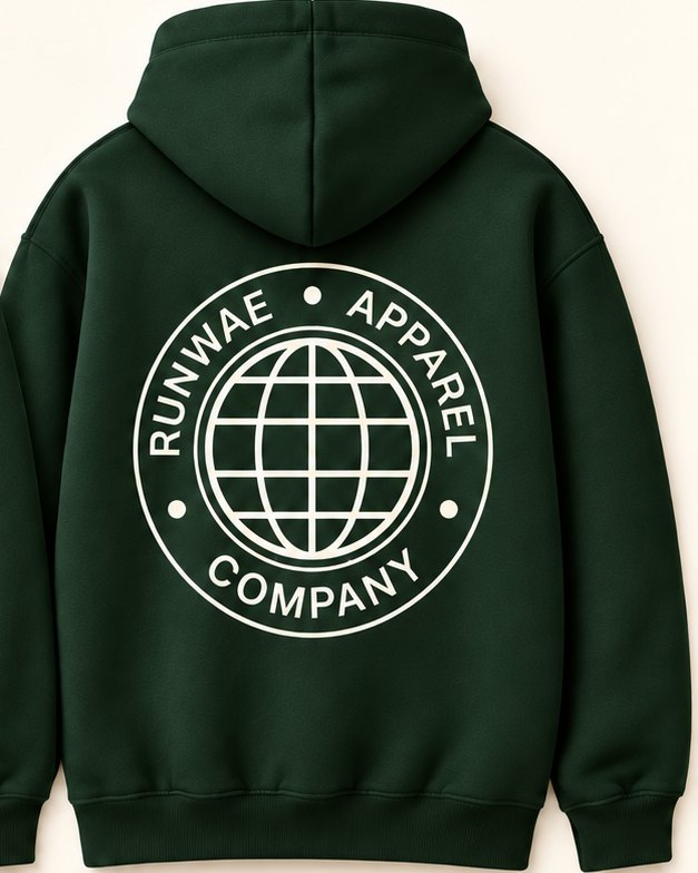Forest hoodie, front and back: RUNWAE APPAREL at the chest, the globe emblem large on the back