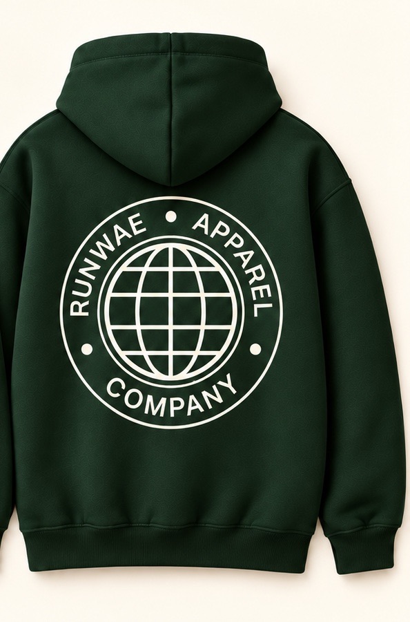 Forest hoodie, back: the globe emblem with RUNWAE APPAREL COMPANY around it
