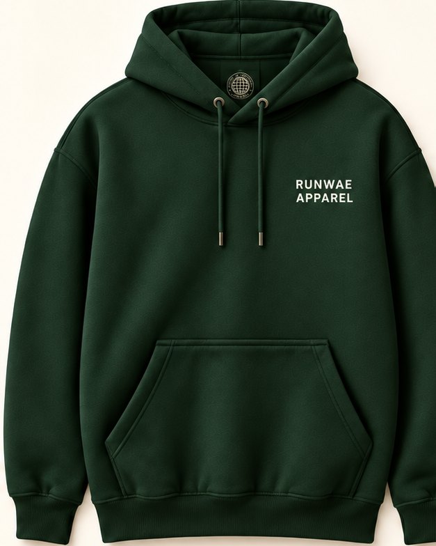 Forest hoodie, front: RUNWAE APPAREL lettered small at the left chest