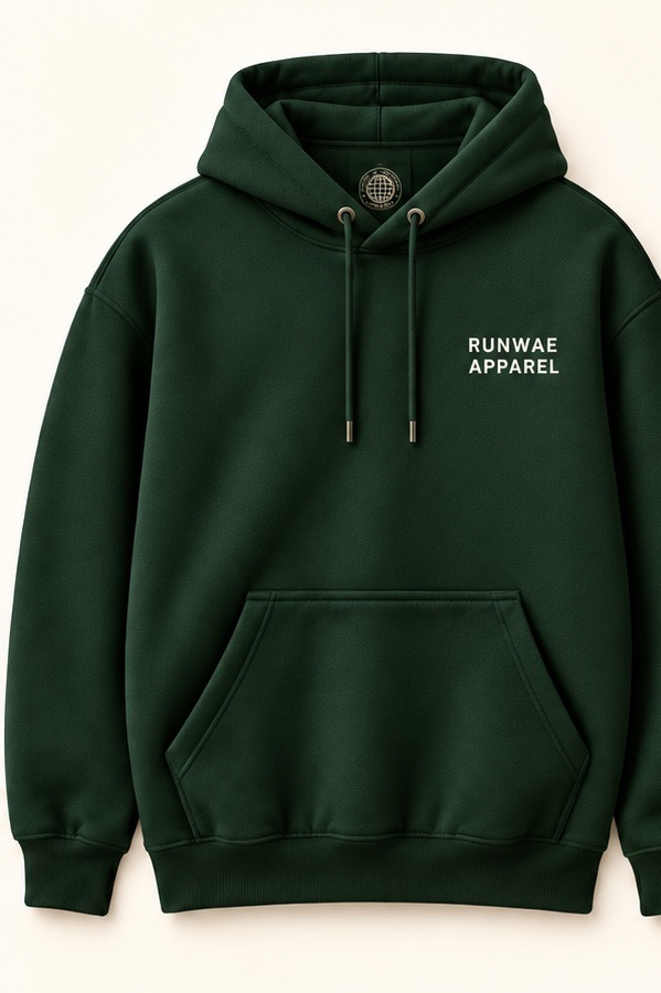 Forest hoodie, front: RUNWAE APPAREL lettered small at the left chest