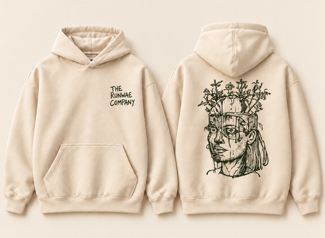 Creme hoodie, front and back: THE RUNWAE COMPANY lettered at the chest, a hand-drawn face crowned with plants on the back