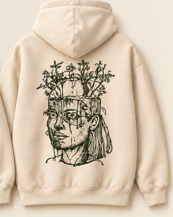 Creme hoodie, front and back: THE RUNWAE COMPANY lettered at the chest, a hand-drawn face crowned with plants on the back