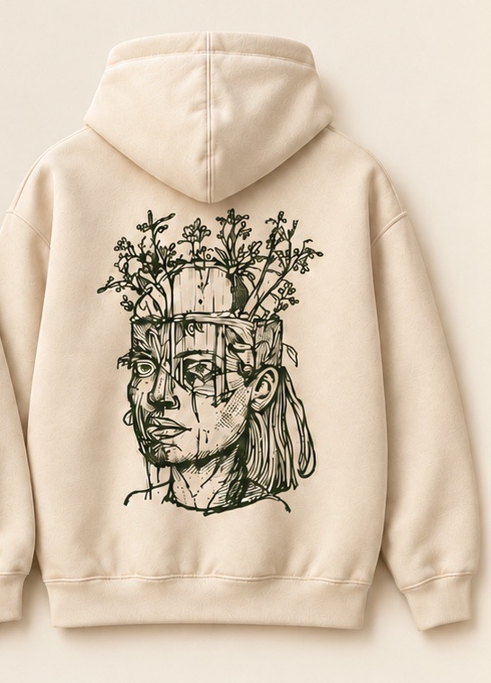 Creme hoodie, back: a hand-drawn face crowned with plants, in forest line