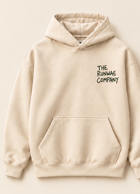 Creme hoodie, front: THE RUNWAE COMPANY in hand lettering at the left chest