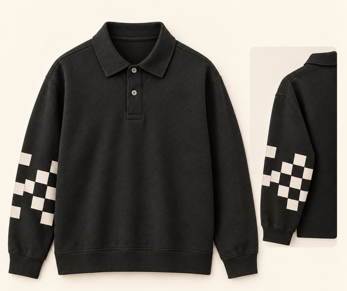 Charcoal knit polo with a checker block in creme on the sleeve, and a close view of the sleeve