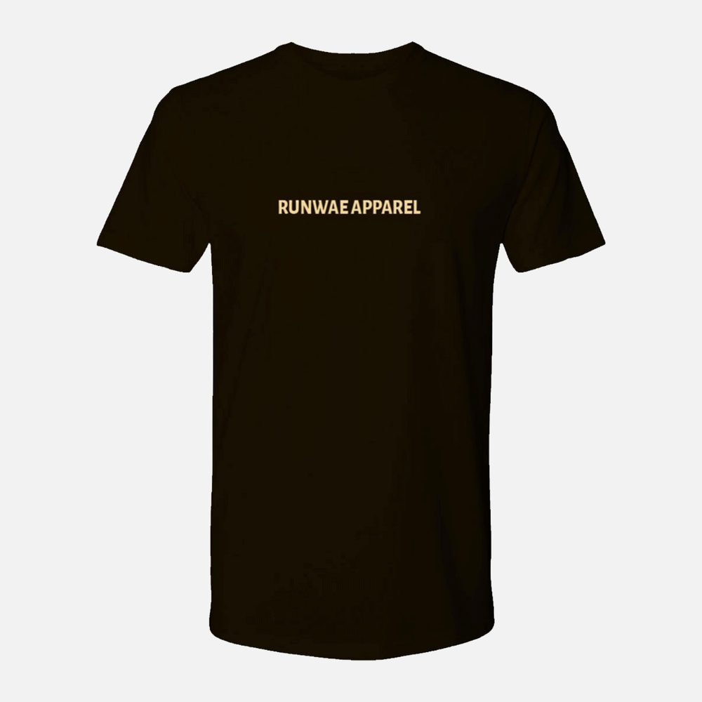 Black tee: small RUNWAE APPAREL wordmark on the chest